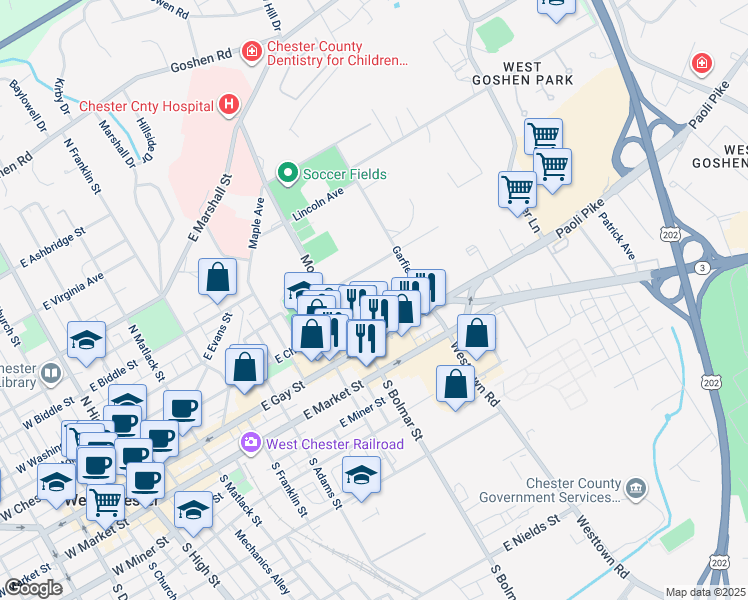 map of restaurants, bars, coffee shops, grocery stores, and more near 17 Montgomery Ave in West Chester