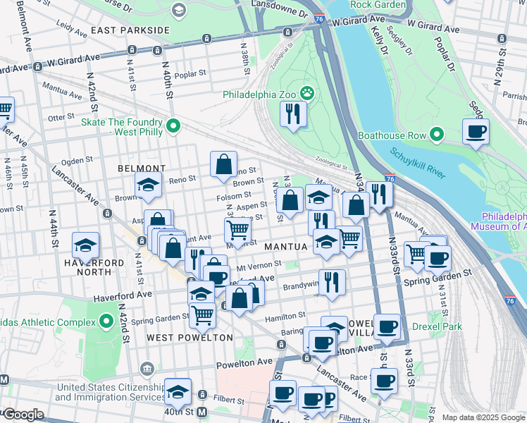 map of restaurants, bars, coffee shops, grocery stores, and more near 728 North 38th Street in Philadelphia