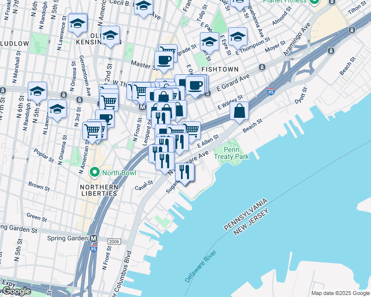 map of restaurants, bars, coffee shops, grocery stores, and more near 958 Shackamaxon Street in Philadelphia