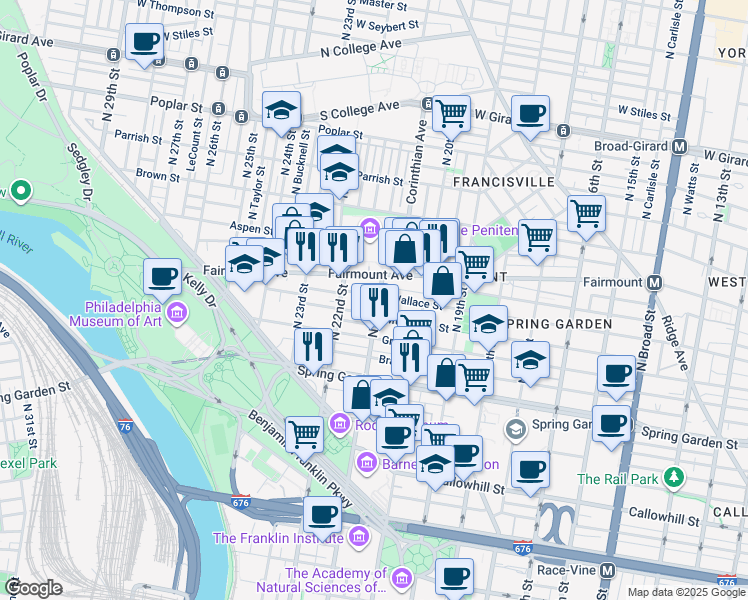 map of restaurants, bars, coffee shops, grocery stores, and more near 612 North 21st Street in Philadelphia