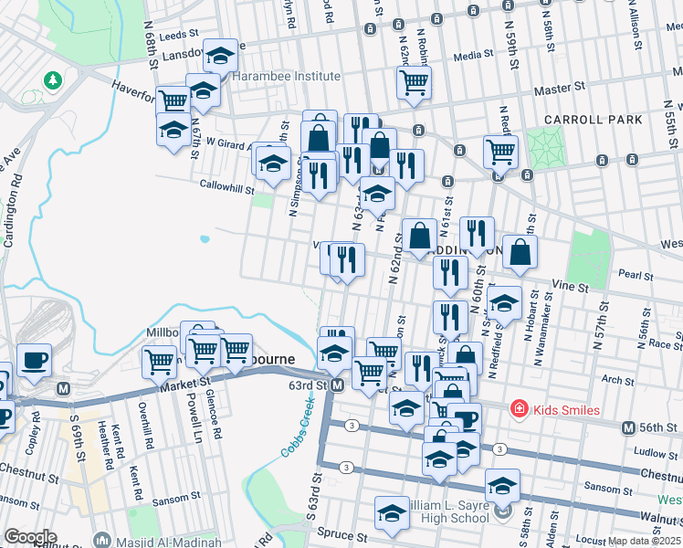 map of restaurants, bars, coffee shops, grocery stores, and more near 220 North 63rd Street in Philadelphia