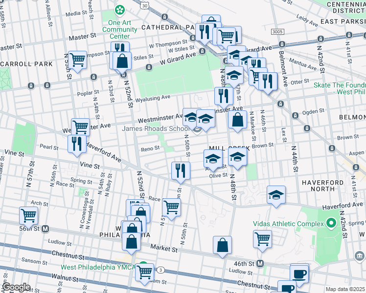 map of restaurants, bars, coffee shops, grocery stores, and more near 5010 Reno Street in Philadelphia
