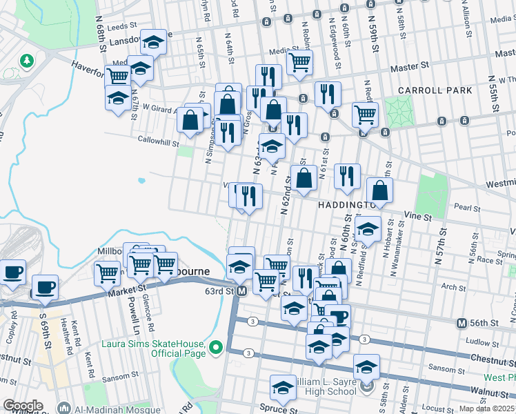 map of restaurants, bars, coffee shops, grocery stores, and more near 207 North 63rd Street in Philadelphia