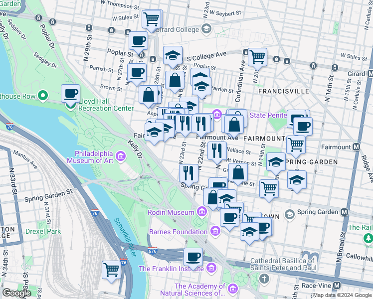 map of restaurants, bars, coffee shops, grocery stores, and more near 2223 Mount Vernon Street in Philadelphia