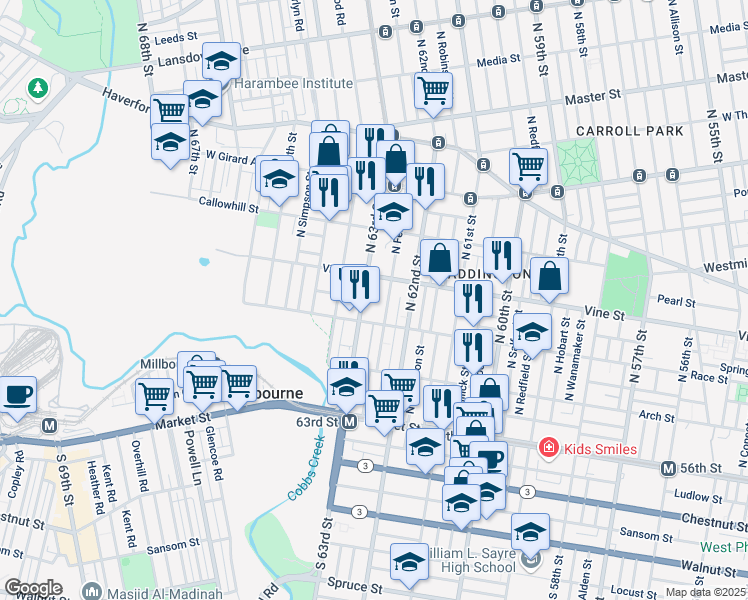 map of restaurants, bars, coffee shops, grocery stores, and more near 223 North 63rd Street in Philadelphia