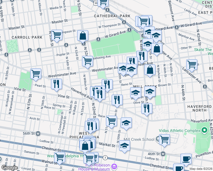map of restaurants, bars, coffee shops, grocery stores, and more near 5101 Reno Street in Philadelphia
