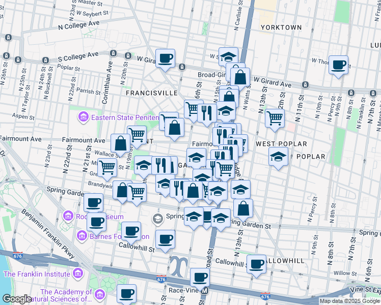 map of restaurants, bars, coffee shops, grocery stores, and more near 1530 North Street in Philadelphia
