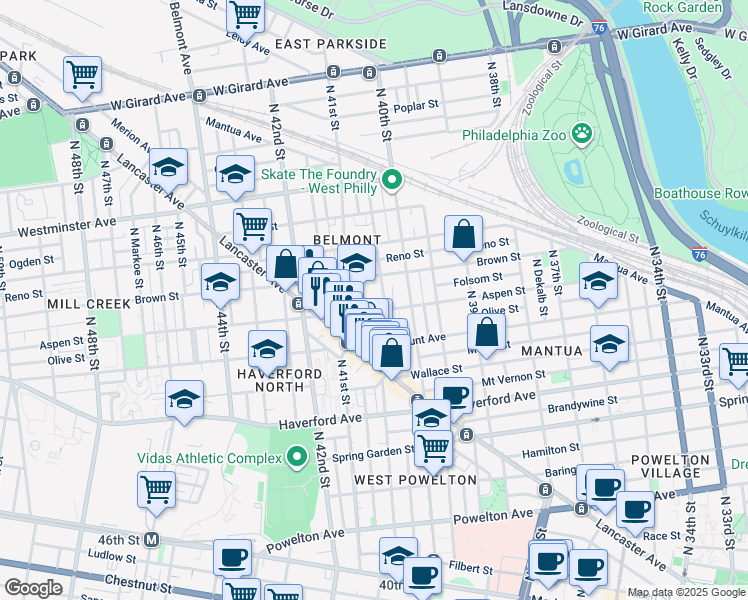 map of restaurants, bars, coffee shops, grocery stores, and more near 4045 Aspen Street in Philadelphia