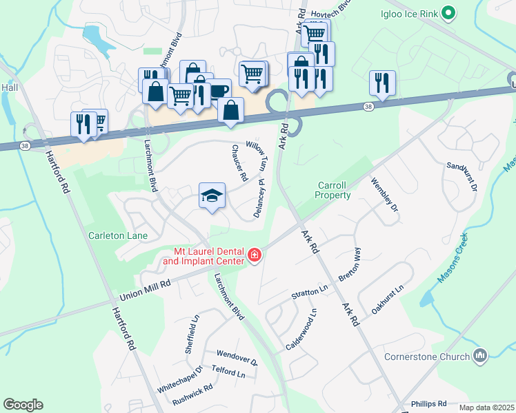 map of restaurants, bars, coffee shops, grocery stores, and more near 313B Delancey Place in Mount Laurel Township