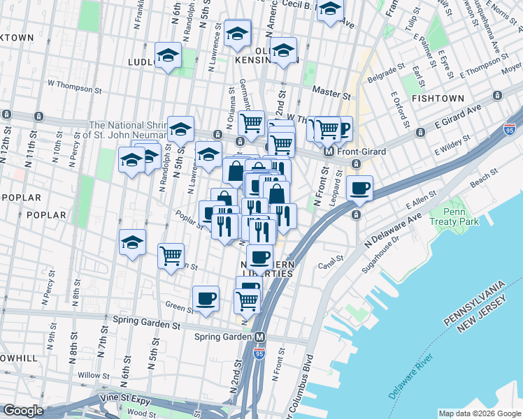map of restaurants, bars, coffee shops, grocery stores, and more near 1002 North 2nd Street in Philadelphia