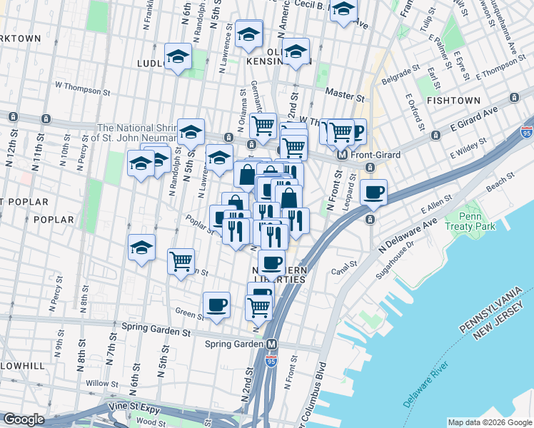 map of restaurants, bars, coffee shops, grocery stores, and more near 957 North American Street in Philadelphia