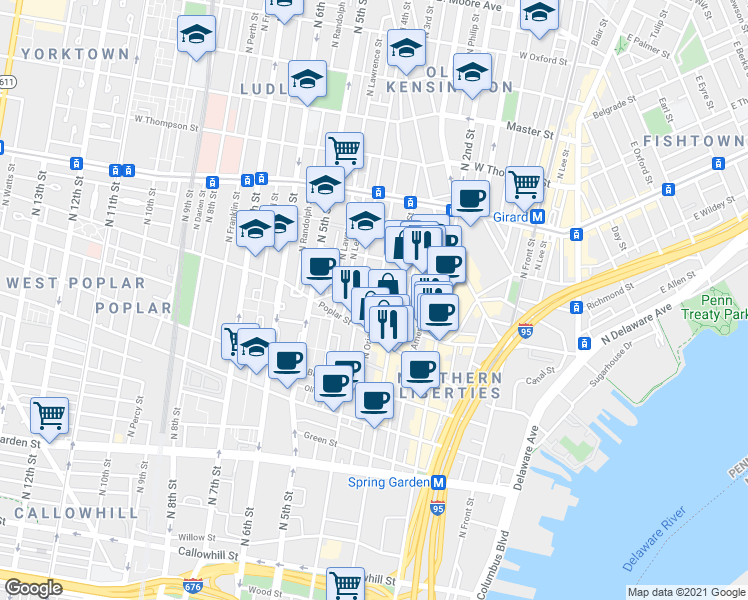 map of restaurants, bars, coffee shops, grocery stores, and more near 934 North 3rd Street in Philadelphia