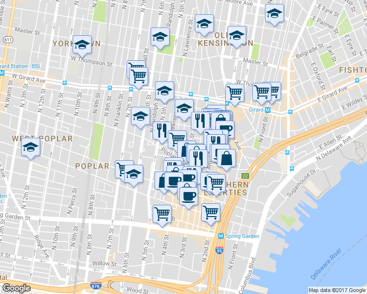 map of restaurants, bars, coffee shops, grocery stores, and more near in Philadelphia