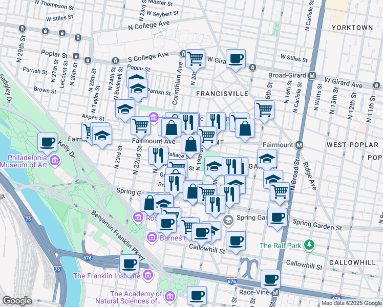map of restaurants, bars, coffee shops, grocery stores, and more near 1916 Wallace Street in Philadelphia