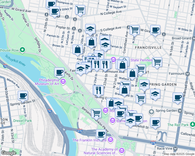 map of restaurants, bars, coffee shops, grocery stores, and more near 2229 Green Street in Philadelphia