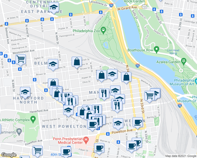 map of restaurants, bars, coffee shops, grocery stores, and more near 3701 Fairmount Avenue in Philadelphia