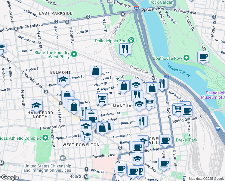 map of restaurants, bars, coffee shops, grocery stores, and more near 3801 Fairmount Avenue in Philadelphia