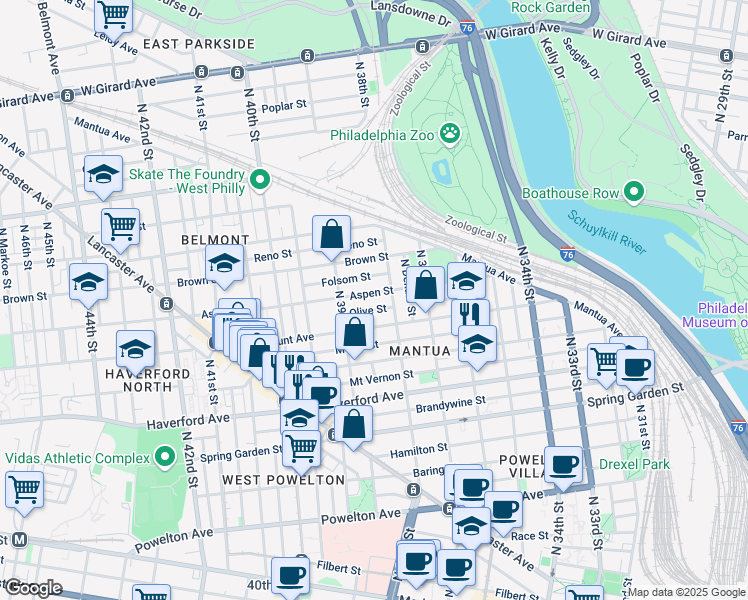 map of restaurants, bars, coffee shops, grocery stores, and more near 3860 Olive Street in Philadelphia