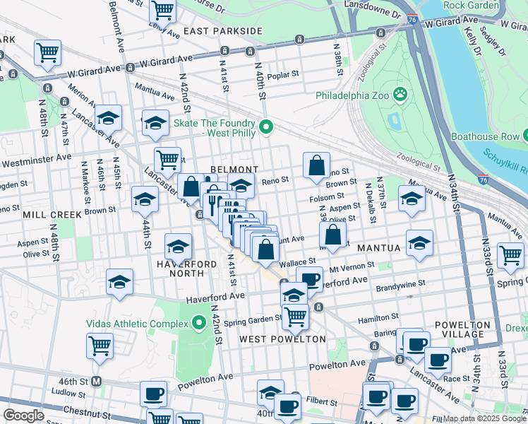map of restaurants, bars, coffee shops, grocery stores, and more near 4028 Aspen Street in Philadelphia