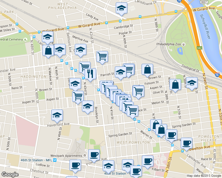 map of restaurants, bars, coffee shops, grocery stores, and more near 4030 Brown Street in Philadelphia