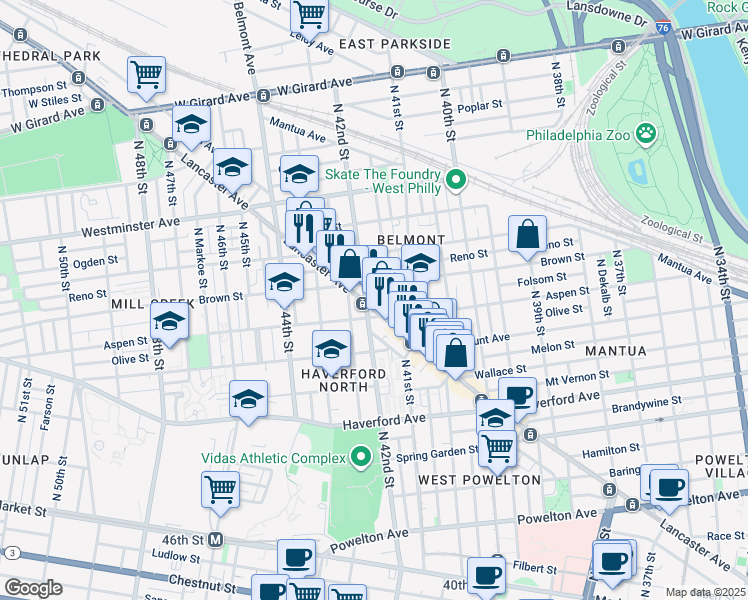 map of restaurants, bars, coffee shops, grocery stores, and more near 4128 Lancaster Avenue in Philadelphia