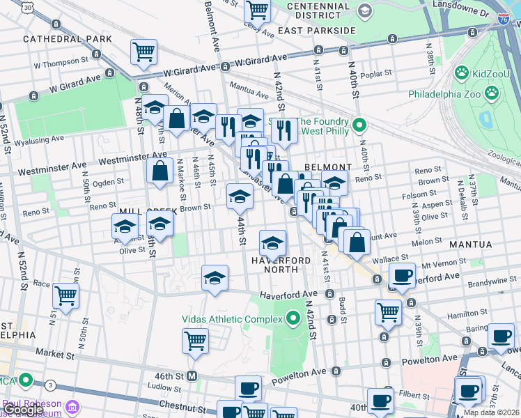 map of restaurants, bars, coffee shops, grocery stores, and more near 4317 Aspen Street in Philadelphia