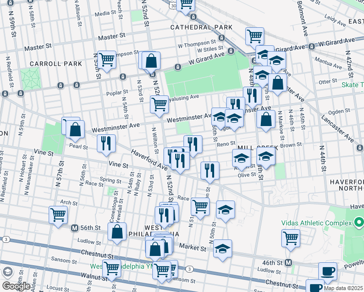 map of restaurants, bars, coffee shops, grocery stores, and more near 5137 Funston Street in Philadelphia