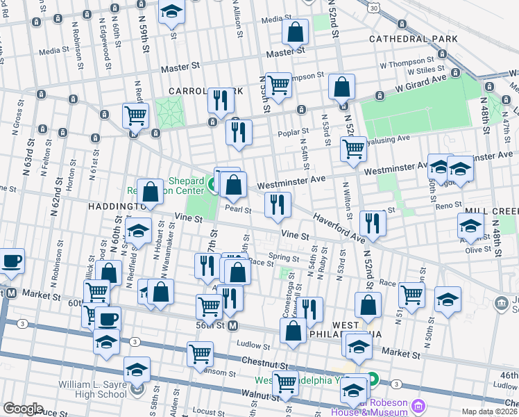 map of restaurants, bars, coffee shops, grocery stores, and more near 5538 Pearl Street in Philadelphia