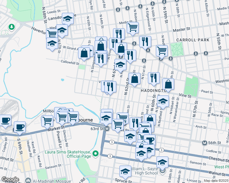 map of restaurants, bars, coffee shops, grocery stores, and more near 207 North 63rd Street in Philadelphia