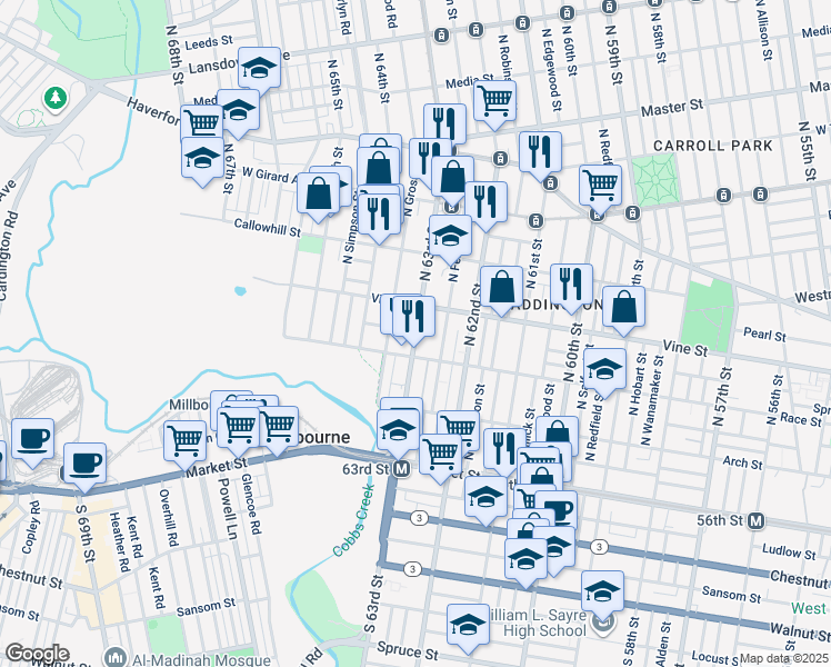 map of restaurants, bars, coffee shops, grocery stores, and more near 207 North 63rd Street in Philadelphia