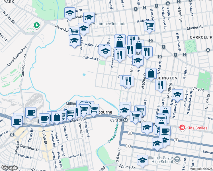 map of restaurants, bars, coffee shops, grocery stores, and more near 208 North Simpson Street in Philadelphia
