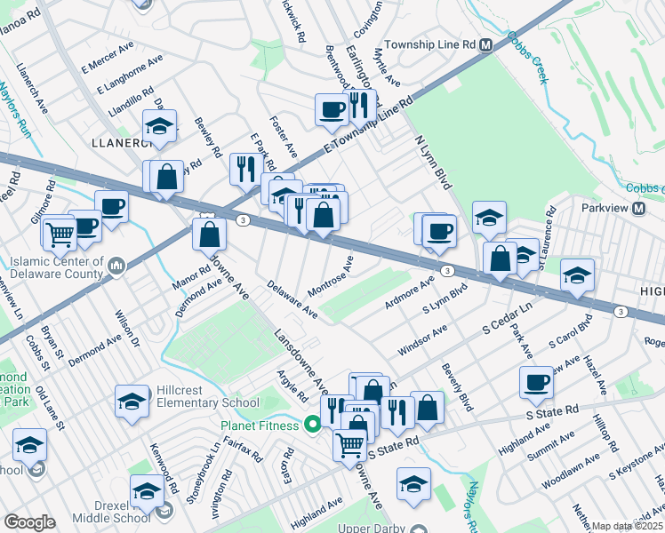 map of restaurants, bars, coffee shops, grocery stores, and more near 35 South Linden Avenue in Delaware County