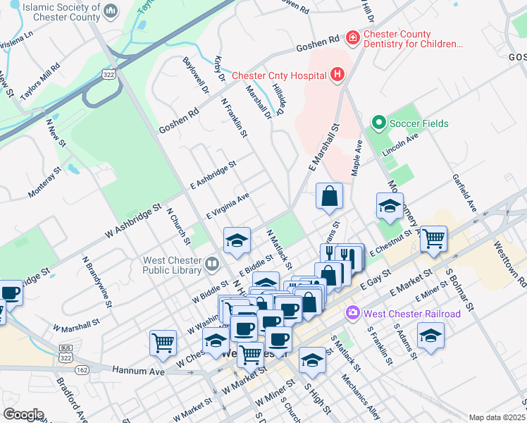 map of restaurants, bars, coffee shops, grocery stores, and more near 141 Marshall Street in West Chester