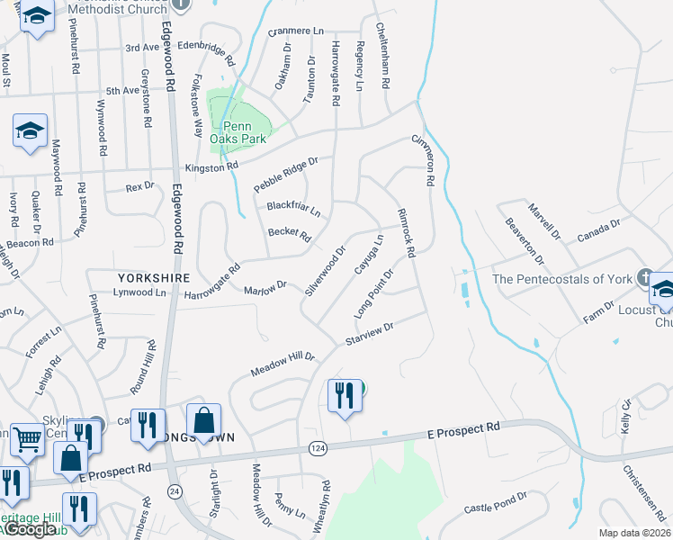 map of restaurants, bars, coffee shops, grocery stores, and more near 3747 Cayuga Lane in York