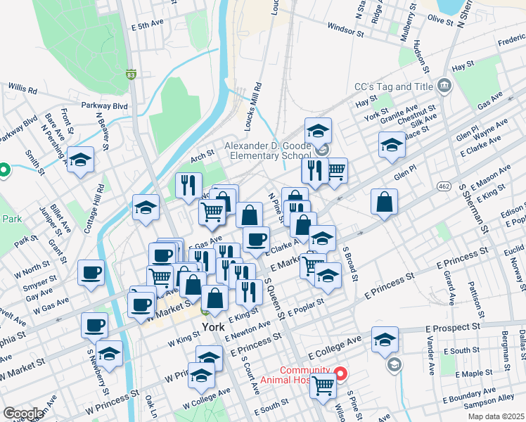 map of restaurants, bars, coffee shops, grocery stores, and more near 237 East Walnut Street in Hanover
