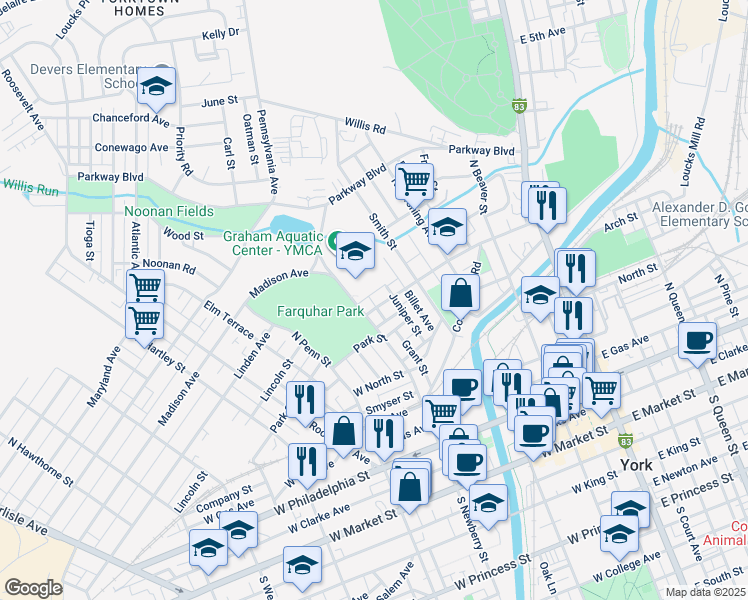 map of restaurants, bars, coffee shops, grocery stores, and more near 433 North Newberry Street in York