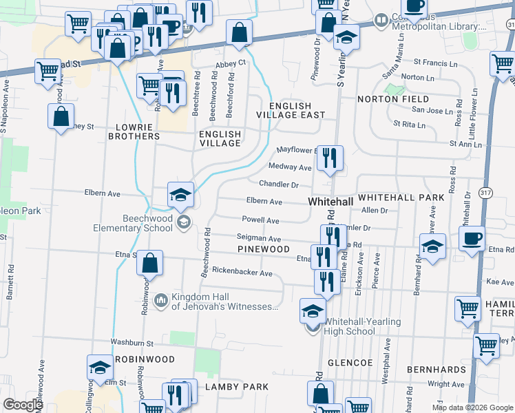 map of restaurants, bars, coffee shops, grocery stores, and more near 4120 Powell Avenue in Columbus