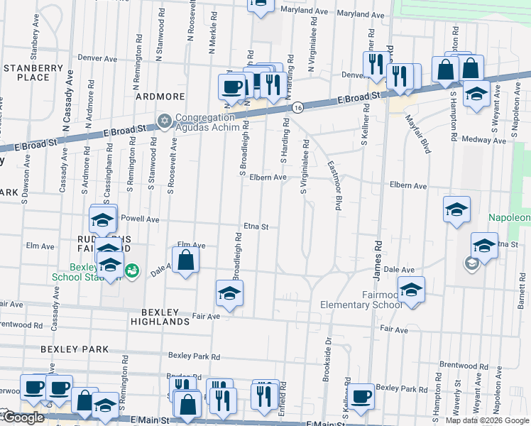 map of restaurants, bars, coffee shops, grocery stores, and more near 239 South Chesterfield Road in Columbus