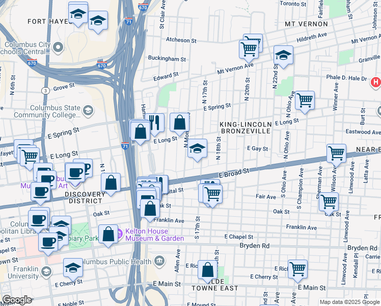 map of restaurants, bars, coffee shops, grocery stores, and more near 56 North Monroe Avenue in Columbus
