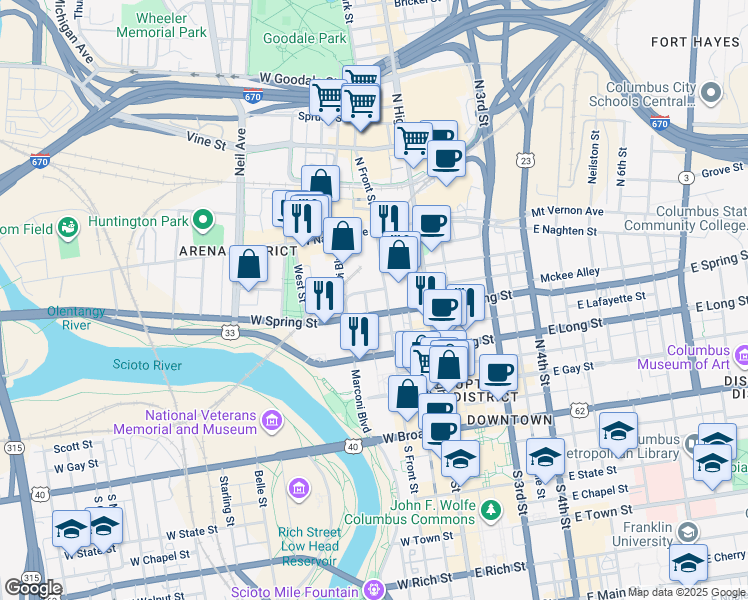 map of restaurants, bars, coffee shops, grocery stores, and more near 81 West Spring Street in Columbus