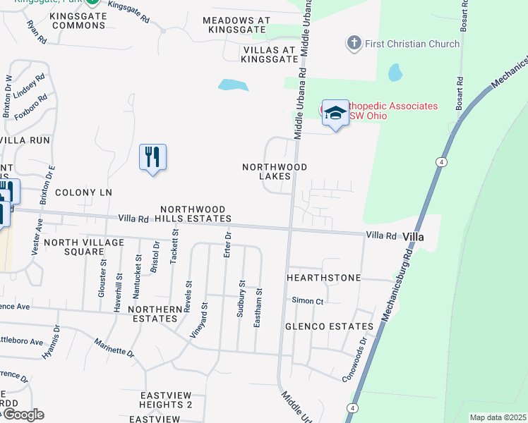 map of restaurants, bars, coffee shops, grocery stores, and more near 3001 Middle Urbana Road in Springfield
