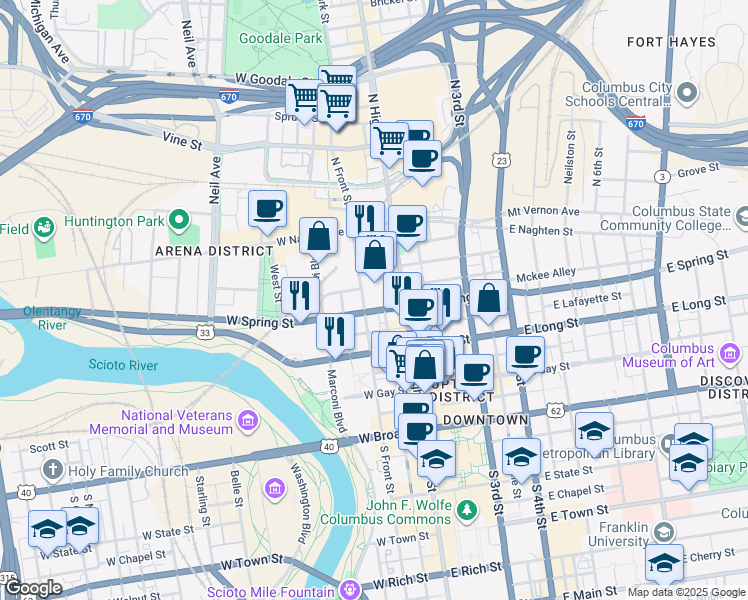 map of restaurants, bars, coffee shops, grocery stores, and more near 161 North Front Street in Columbus