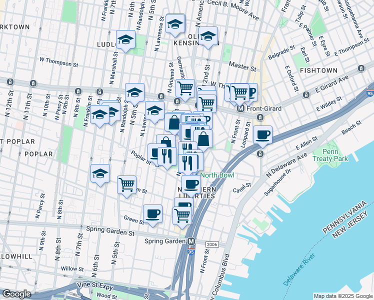map of restaurants, bars, coffee shops, grocery stores, and more near 213 West Wildey Street in Philadelphia