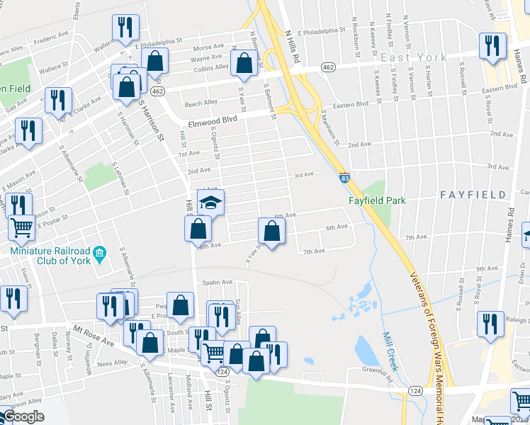 map of restaurants, bars, coffee shops, grocery stores, and more near 1605 5th Avenue in York