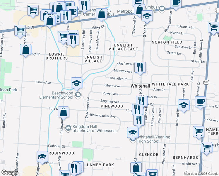 map of restaurants, bars, coffee shops, grocery stores, and more near 4120 Powell Avenue in Columbus