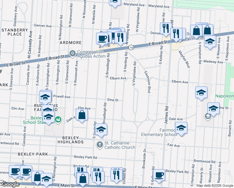 map of restaurants, bars, coffee shops, grocery stores, and more near 239 South Chesterfield Road in Columbus