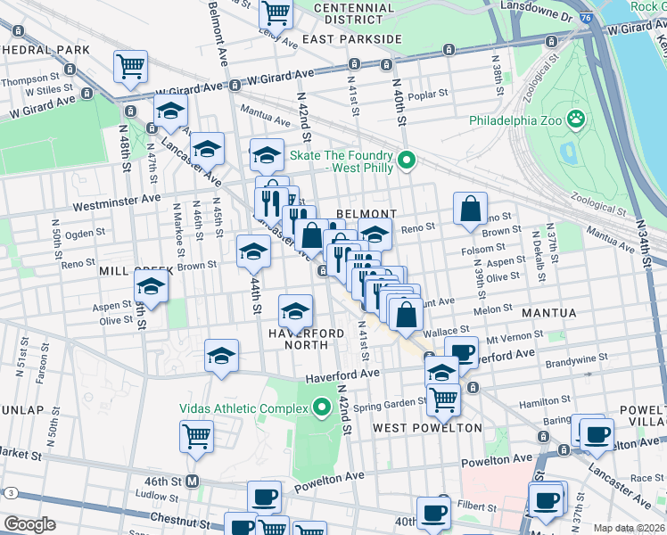 map of restaurants, bars, coffee shops, grocery stores, and more near 4128 Lancaster Avenue in Philadelphia
