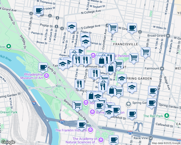 map of restaurants, bars, coffee shops, grocery stores, and more near 2124 Wallace Street in Philadelphia