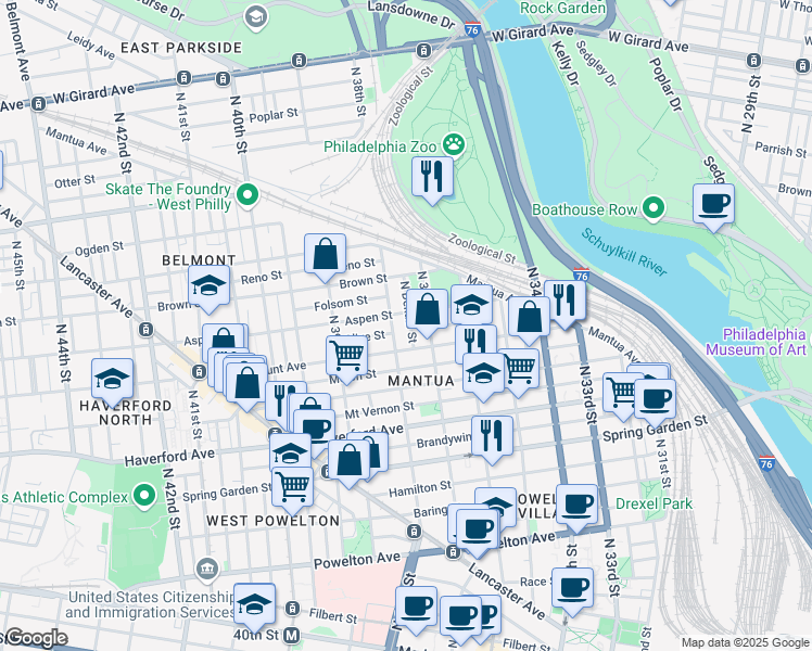 map of restaurants, bars, coffee shops, grocery stores, and more near 730 North Dekalb Street in Philadelphia