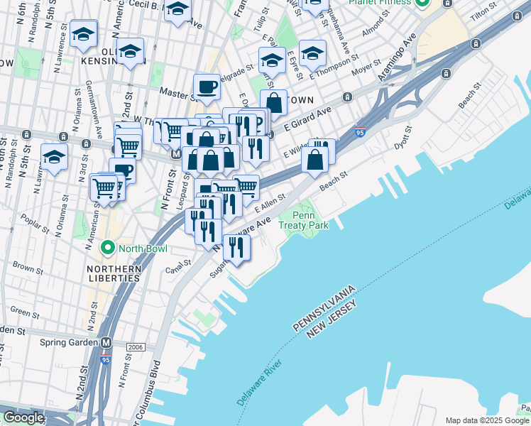 map of restaurants, bars, coffee shops, grocery stores, and more near 1130 North Delaware Avenue in Philadelphia